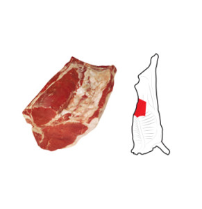 Short Loin is prepared from a Hindquarter by a straight cut at the junction of the lumbar and sacral vertebrae to a point cranial to the tuber coxae to the ventral portion of the Flank. The Thin Flank is removed at a point cranial to the tuber coxae and approximately 50mm to 75mm from eye muscle and running parallel to the body of the vertebrae to the specified rib.