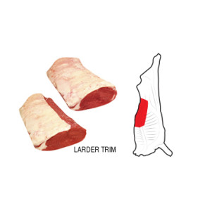 Striploin is prepared from a Hindquarter by a cut at the lumbosacral junction to the ventral portion of the Flank. The Flank is removed at a specified distance from the eye muscle at both cranial and caudal ends.