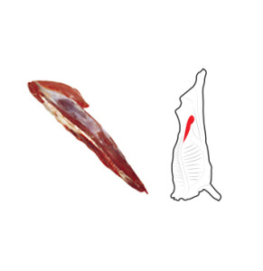 Tenderloin is prepared from the Hindquarter and is removed in one piece from the ventral surface of the lumbar surface of the lumbar vertebrae and the lateral surface of the ilium. The side strap muscle remains attached.