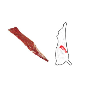 Inside Skirt is located on the inside of the abdominal wall of the Hindquarter and extends to the Naval End portion of the Brisket. The peritoneum and fat flakes are removed.
