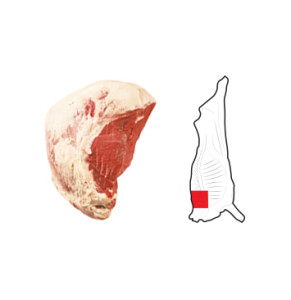 Chuck Roll is prepared from a Chuck (item 2260) by the removal of the neck between the 5th and 6th cervical vertebra parallel to the caudal cutting line. The ventral cutting line is approximately 75mm from the eye muscle (M. longissimus dorsi) and parallel to the vertebral column to the 1st rib. The M. trapezius and the M. rhomboideus are removed and the undercut (M. subscapularis) remains firmly attached.